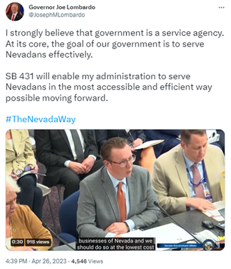 Governor Lombardo's Tweet regarding SB431