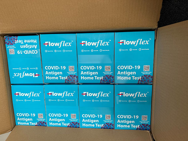 Box of Flowflex COVID-19 antigen at-home tests